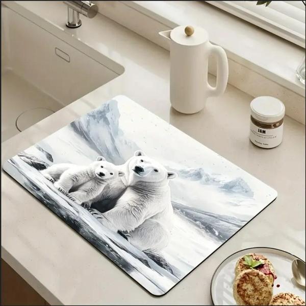 55 CM x 45 CM KUTUP AYISI DESENLİ TEZGAH ÜSTÜ BULAŞIK KURUTMA MATI BULAŞIKLIK KURUTMA ÖRTÜSÜ - Image 1