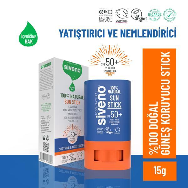 Siveno %100 Doğal Yüz Güneş Koruyucu Stick Renkli Mineral Filtre Nemlendirici UVA UVB SPF50+ 15 gr - Image 1