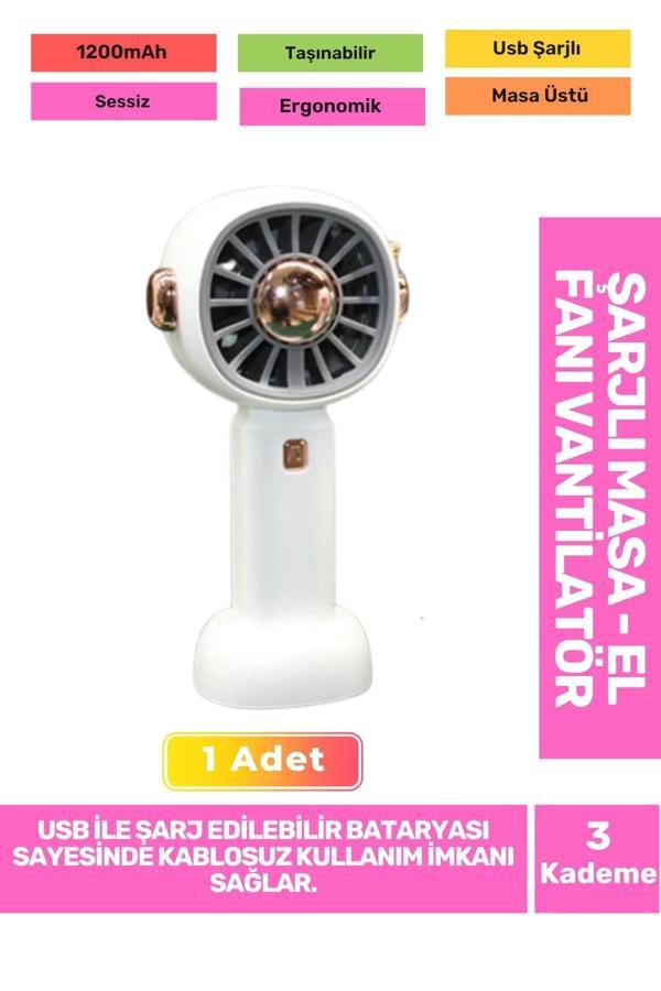 3 Kademeli Ultra Sessiz Hafif Kablosuz 1200mAh Pervaneli Taşınabilir Usb Şarj Masa El Fan Vantilatör - Image 1