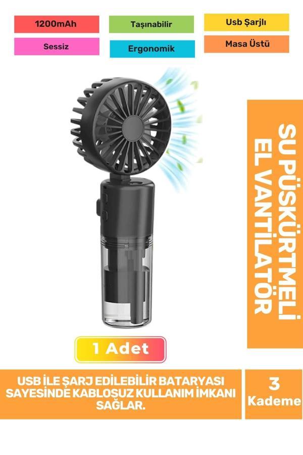 Su Püskürtmeli Ultra Sessiz 3 Kademeli Hafif Kablosuz Taşınabilir Usb Şarjlı Masa El Fanı Vantilatör - Image 1