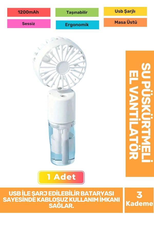 Su Püskürtmeli Ultra Sessiz 3 Kademeli Hafif Kablosuz Taşınabilir Usb Şarjlı Masa El Fanı Vantilatör - Image 1
