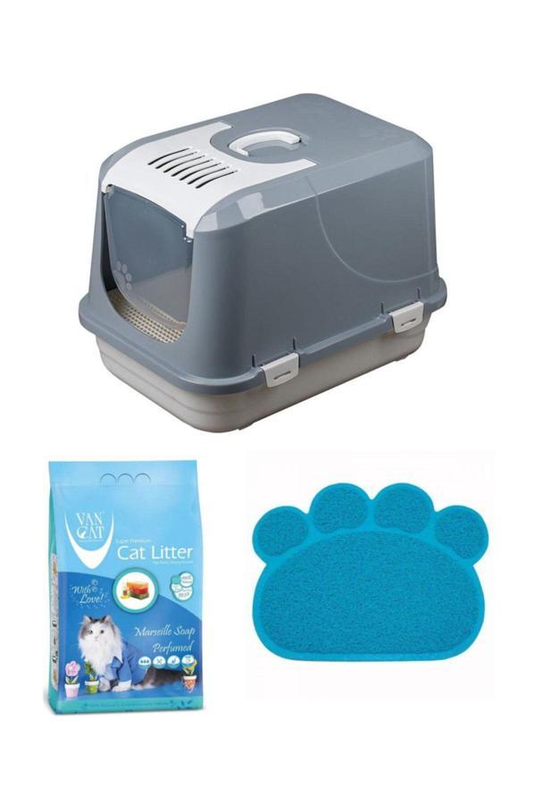 ÇINAR DİZAYN Büyük Xxl Kapalı Tuvalet A Kalite Gri 65X50X45 +Vancat 10 Kg Kedi Kumu+ Kedi Paspası - Image 1