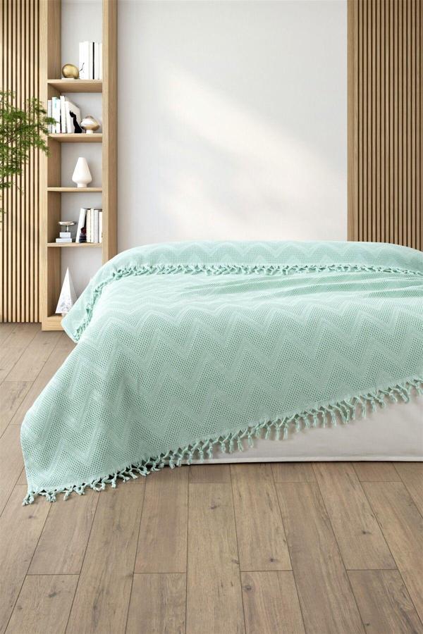 %100 Pamuk Çift Kişilik Bağlama Saçaklı Pike-220x240 cm-Krem - Image 1