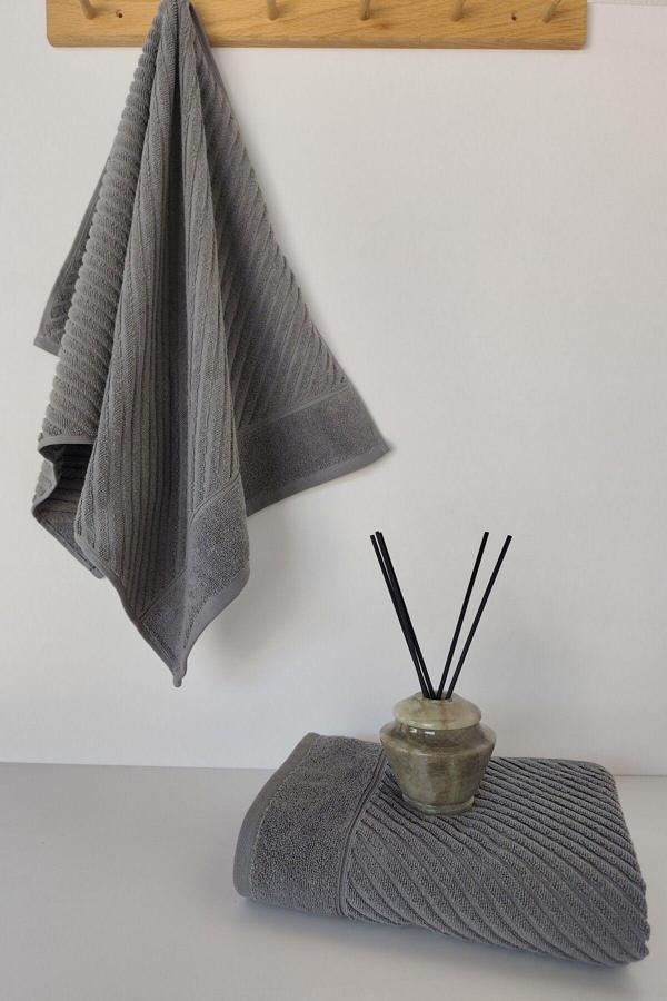 %100 Pamuk El Havlusu 2'li - Modern Çizgili Tasarım - Yumuşak Dokulu - Antrasit - Image 1