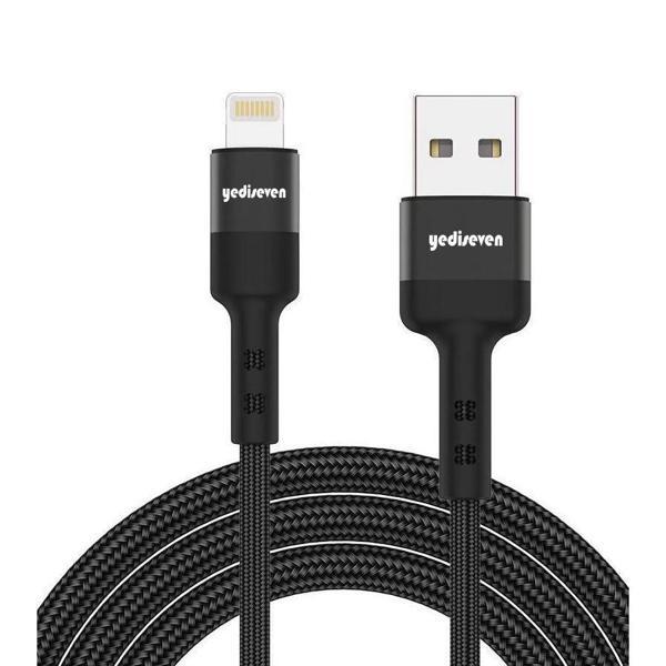 Yediseven USB A To Lightning 2.4A Halat Örgü Apple iPhone Şarj Kablosu Siyah 1 Metre - Image 1