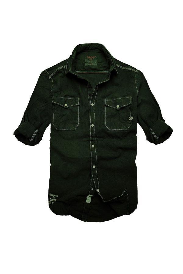 Slim Fit Likralı Esnek Kumaş Çift Cep Kot Gömlek--haki Siyah-- - Image 1