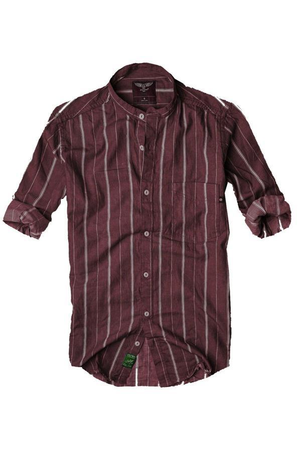 Slim Fit %100 Pamuk Kumaş Hakim Yaka Uzun Kol Gömlek--bordo Çizgili-- - Image 1
