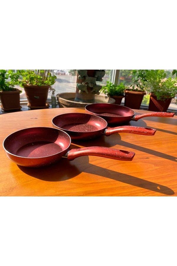Starpack Azra 3lü Granit Görünümlü Tava Seti 16-20-24 CM-Kırmızı - Image 1