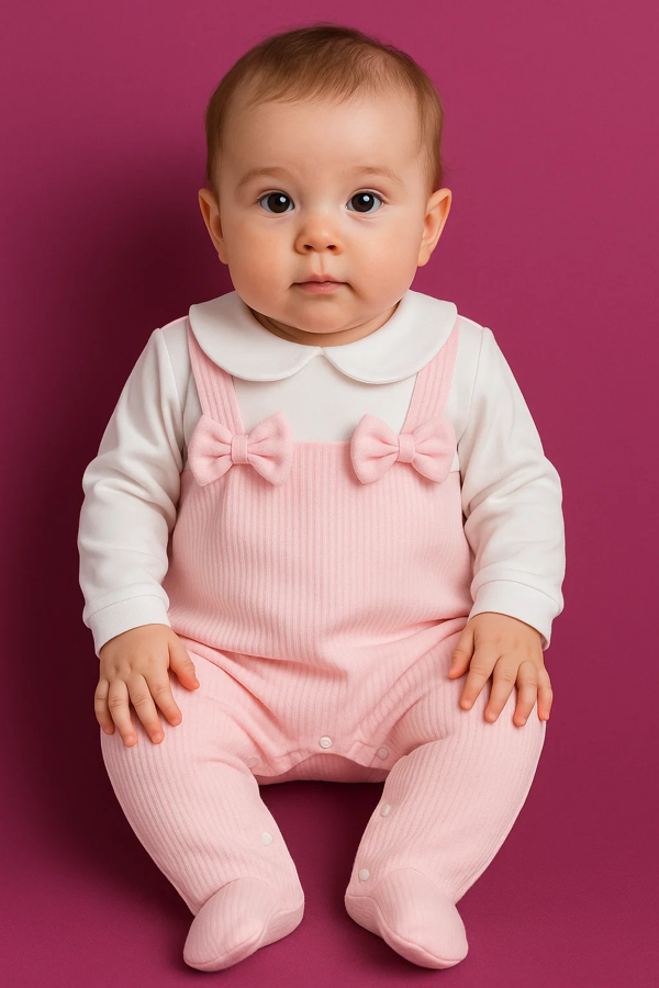 Fiyonklu ÇıtÇıtlı Kız Bebek Tulum Pembe - Image 1