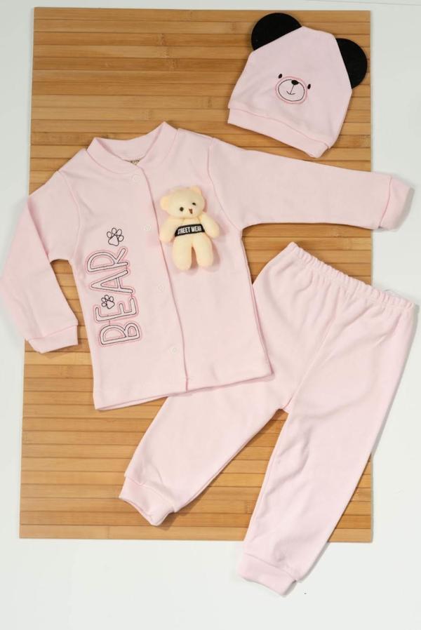 Peluş Ayıcık Aksesuarı ve Kulaklı Ayıcık Şapkasıyla 3'lü Erkek Bebek Takımı Pembe - Image 1