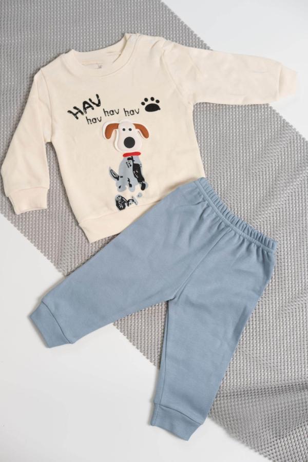 Hav Hav Baskılı Uzun Kollu Sweatshirt ve Bej Alt Eşofman Takımı Mavi - Image 1