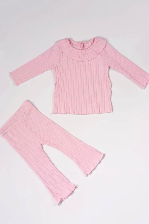 Fırfır Yakalı 2'li Kız Bebek Ribana Takım Pembe - Image 1