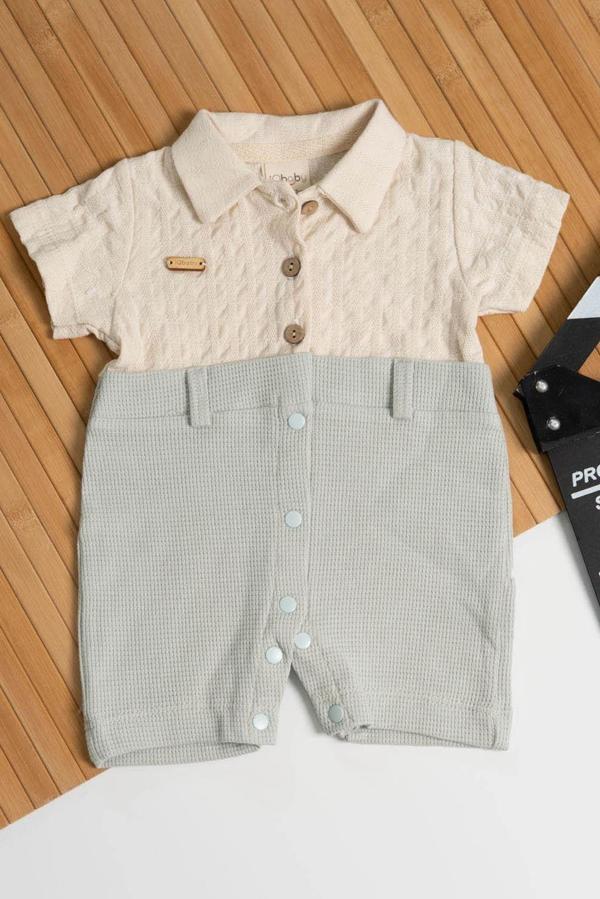 Polo Yaka Waffle Erkek Bebek Tulum Krem-Mint - Image 1