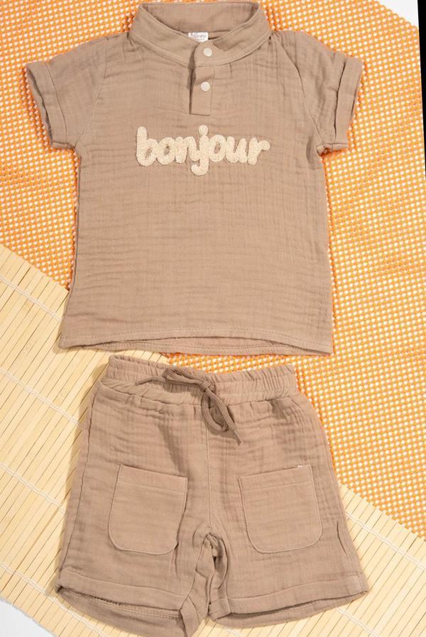Unisex Bonjour Nakışlı Müslin 2'li Yazlık Bebek Takımı Kahverengi - Image 1
