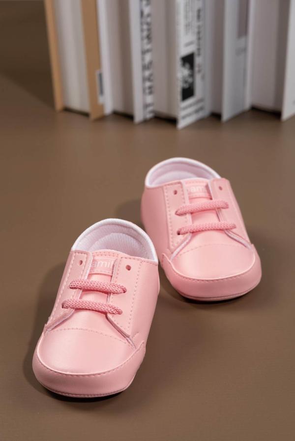 İlk Adım Ayakkabısı Yumuşak Tabanlı Bağcıklı Kız Bebek Ayakkabısı Pudra Pembe - Image 1