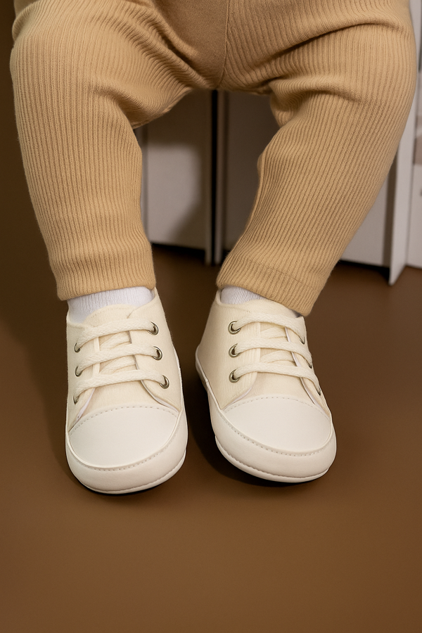 Bağcıklı Unisex Bebek İlk Adım Ayakkabısı Krem - Image 1