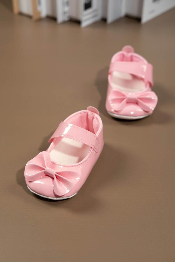Pembe Rugan Fiyonklu Kız Bebek Babet Ayakkabısı Pembe - Image 1