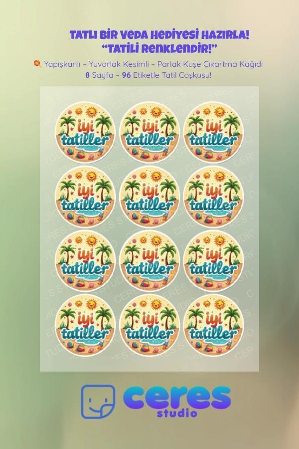 İyi Tatiller Sticker Seti - 96 Adet Yuvarlak Etiket | Yapışkanlı, Parlak Kuşe Çıkartma Kağıdı - Image 1