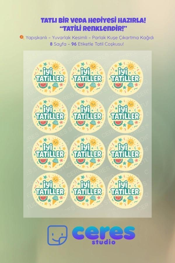 İyi Tatiller Sticker Seti - 96 Adet Yuvarlak Etiket | Yapışkanlı, Parlak Kuşe Çıkartma Kağıdı - Image 1