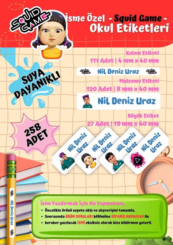 Squid Game Temalı Kişiye Özel Suya Dayanıklı Okul Etiketi Seti - 258 Adet İsimli Etiket - Image 1