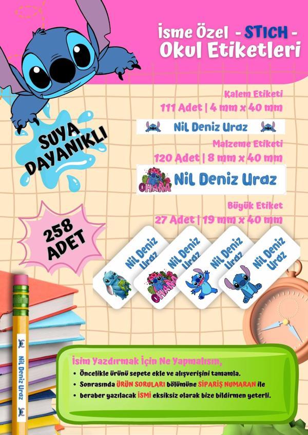 Stitch Temalı Kişiye Özel Suya Dayanıklı Okul Etiketi Seti - 258 Adet İsimli Etiket - Image 1