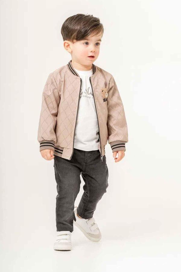 Miniğimin Cicileri (9-24 Ay) Deri Bear Fırçalı İşlemeli Erkek Bebe 3 lü Takım - Bej - Image 1