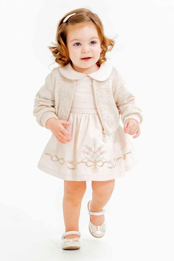 Miniğimin Cicileri (9-24 Ay) Bebe Yaka, İşleme Detaylı İşlemeli Kız Bebe Elbise Takım - Bej - Image 1