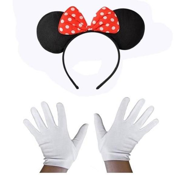 Kırmızı Fiyonklu Minnie Mouse Tacı ve Beyaz Eldiven Seti - Image 1