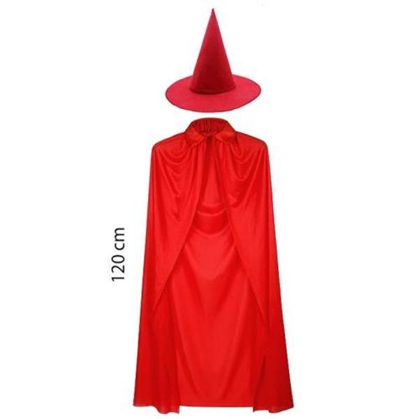Yetişkin Boy Kırmızı Yakalı Pelerin ve Kırmızı Cadı Şapkası - Image 1