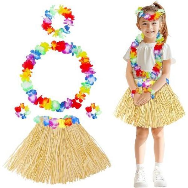 Yetişkin Çocuk Hawaii Parti Seti - 40 cm Naturel Etek + Çiçek Aksesuarlar (5 Parça) - Image 1