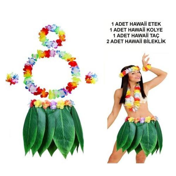 Yetişkin Hawaii Kostüm Seti - Yaprak Etek & Hawaii Set - 5 Parça - Image 1
