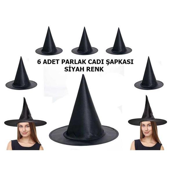 Halloween Siyah Renk Parlak Dralon Cadı Şapkası Yetişkin ve Çocuk Uyumlu 6 Adet - Image 1