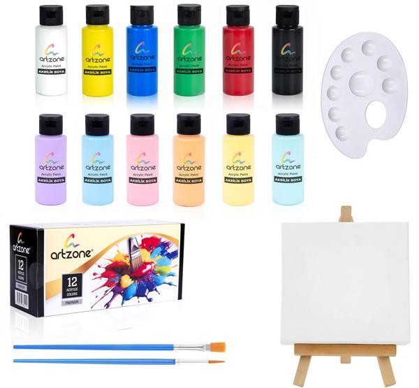 Artzone Masaüstü Akrilik Boya Seti 12 Renk + 2 Fırça + Palet + Şövale - Image 1
