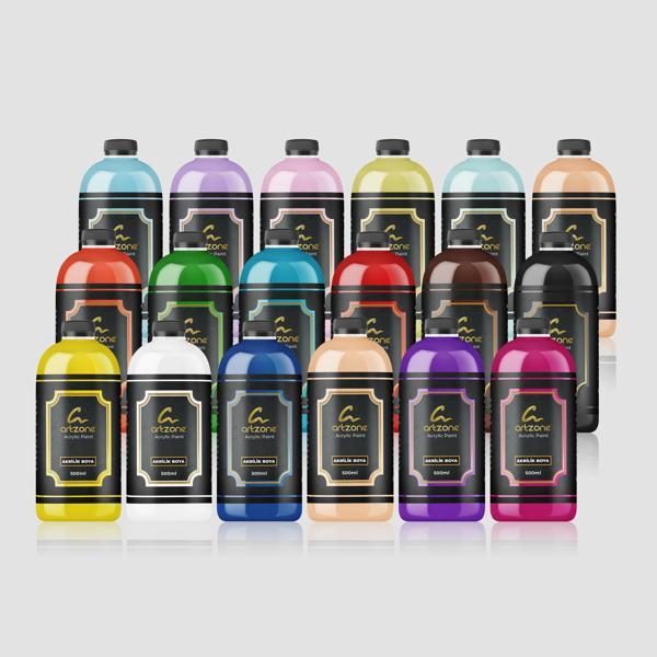 Artzone Akrilik Boya Seti - Tüm Renkler 18 Renk x 500ml + Fırça Hediyeli - Image 1