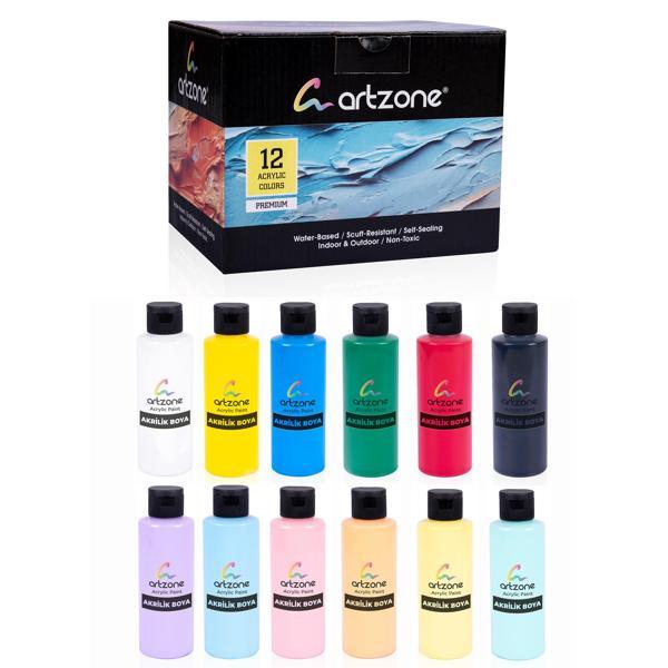 Artzone Akrilik Boya Seti 12 Renk x 120ml. (Ana ve Pastel Renkler) - Image 1