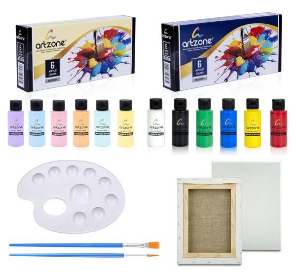 Artzone Akrilik Boya Seti 12 Renk x 60ml. + Tuval ve Fırça  - Image 1