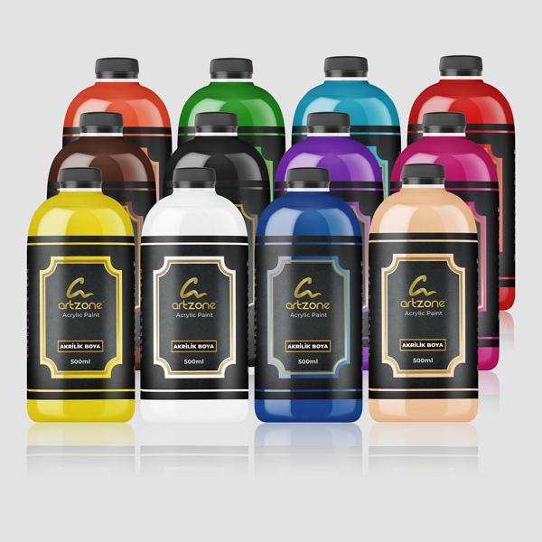 Artzone Akrilik Boya Seti - Tüm Renkler 12 Renk x 500ml + Fırça Hediyeli - Image 1