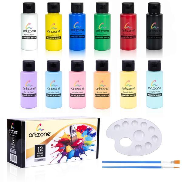 Artzone Akrilik Boya Seti 12 Renk x 60ml. Fırça ve Palet Hediyeli (Pastel ve Ana Renkler) - Image 1