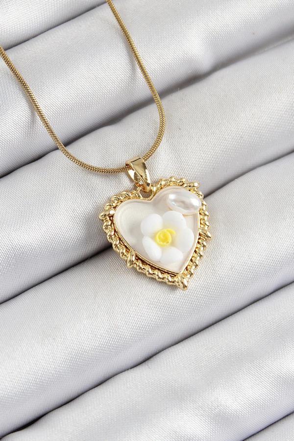 Zincir Beyaz Sanatsal Portre İnci Detaylı Papatya Figürlü Kalp Model Gold Renk Kadın Kolye - EBJ250605W34535 - Image 1