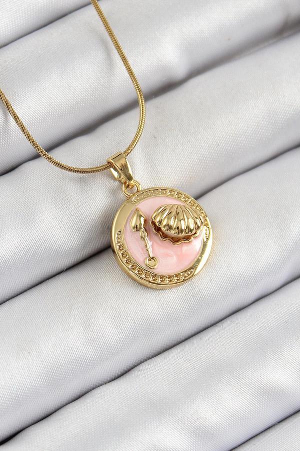 Zincir Pembe Mineli Sanatsal Portre İstiridye Model Gold Renk Kadın Kolye - EBJ250605W34533 - Image 1