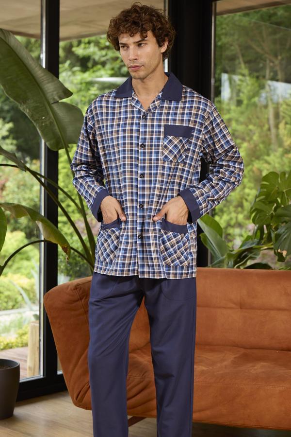 Kly 4037 Erkek Apaj Yaka Önden Düğmeli Uzun Kol Pijama Takım - Image 1