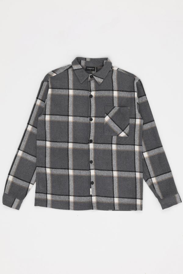 Oversize Ekoseli Tek Cep Gri Oduncu Gömlek - Image 1