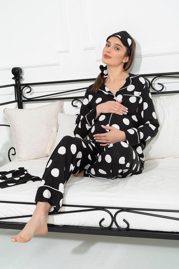 5'li Viskon Puantiyeli Siyah Hamile Pijama Takımı - Image 1