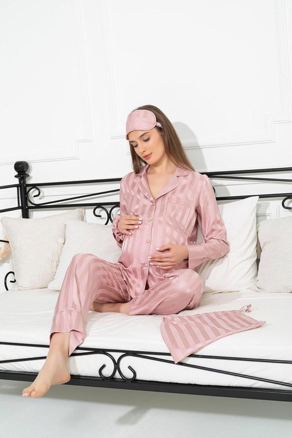 5'li Jakarlı Gül Kurusu Hamile Pijama Takımı - Image 1