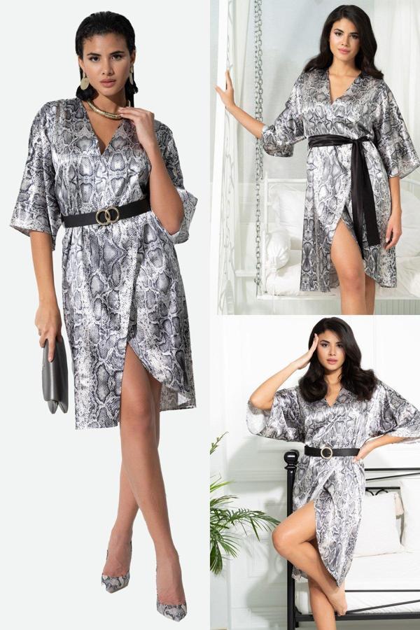 V Yaka Yılan Desen Kemerli Siyah Saten Sabahlık Elbise - Image 1