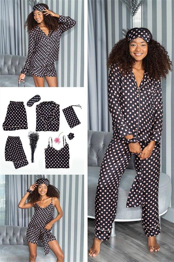 Saten 7'li Gold Puanlı Siyah Pijama Set - Image 1