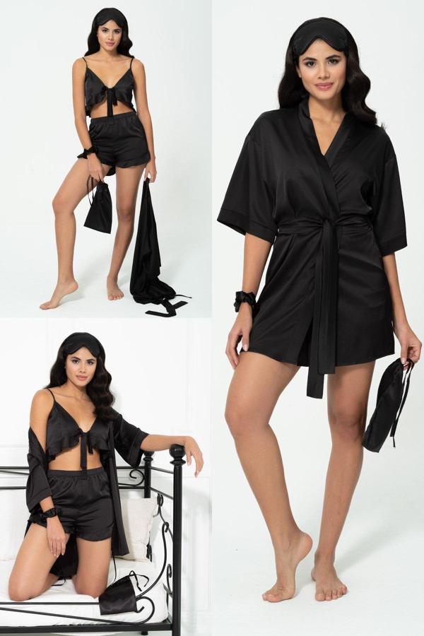 6'lı Sabahlıklı Siyah Saten Pijama Şort Takımı - Image 1