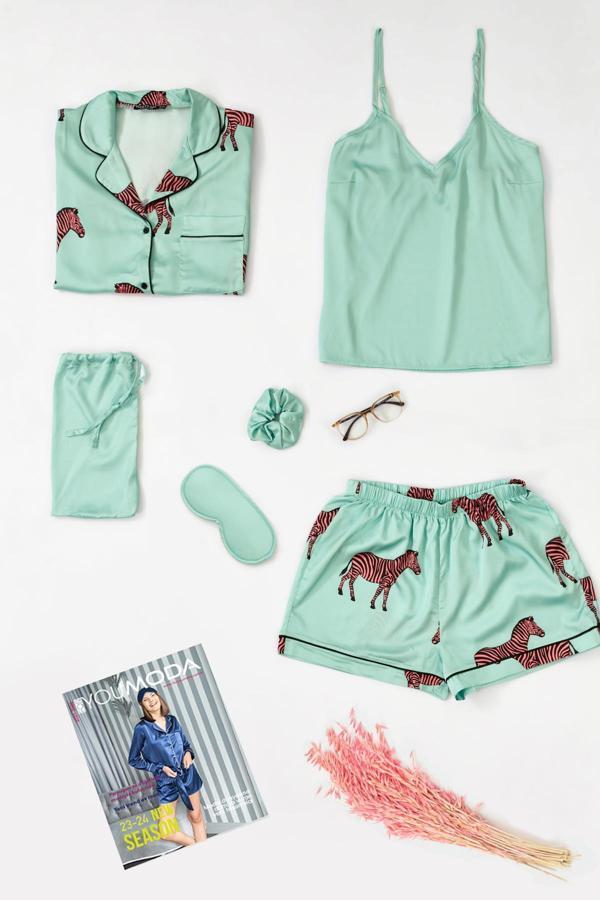 6'lı Zebra Desen Yeşil Saten Pijama Şort Takım - Image 1