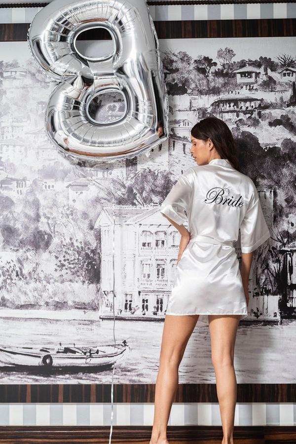 Saten Siyah Bride Nakışlı Gelin Sabahlığı - Image 1