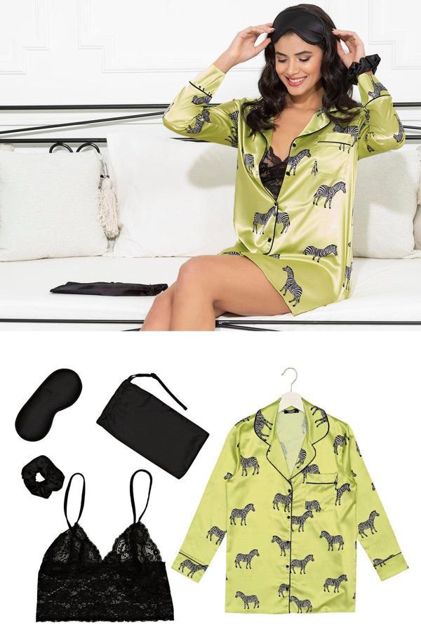 Saten 5 li Zebra Desenli Nightshirt Takım - Image 1